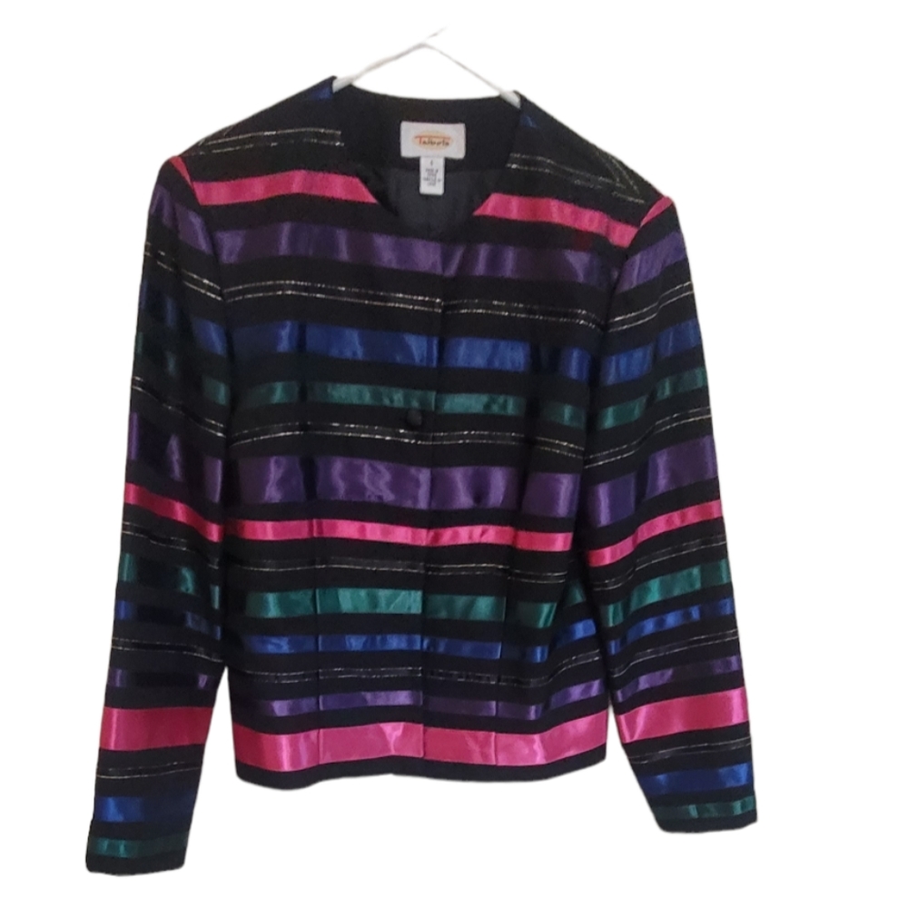 🥰TALBOTS 4  BLAZER DRESSY JACKET BLACK RAINBOW SATIN RIBBON STRIPE GOLD THREAD - Picture 4 of 11